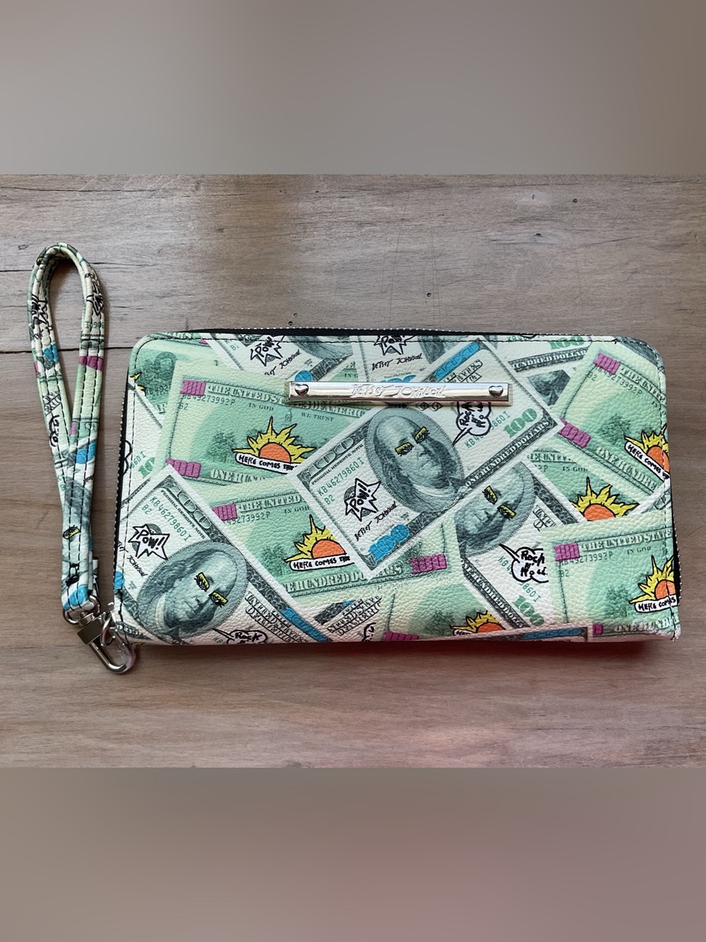 Betsey Johnson Mint Money-Print Zip Wallet with Graphic Accents